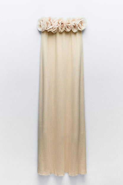 Blooming Flower Applique Elastic Off Shoulder Strapless Maxi Dress