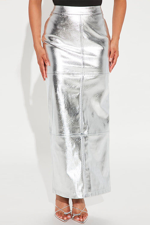 High Waist Back Slit Splice Faux Leather Maxi Skirt