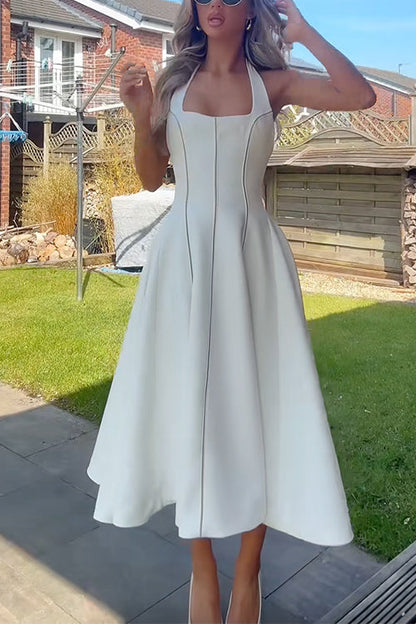 Moxidress Halter Neck Backless Hollow Out Swing Midi Dress