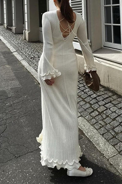 Bell Sleeves Back Lace-up Ruffle Trim Maxi Dress