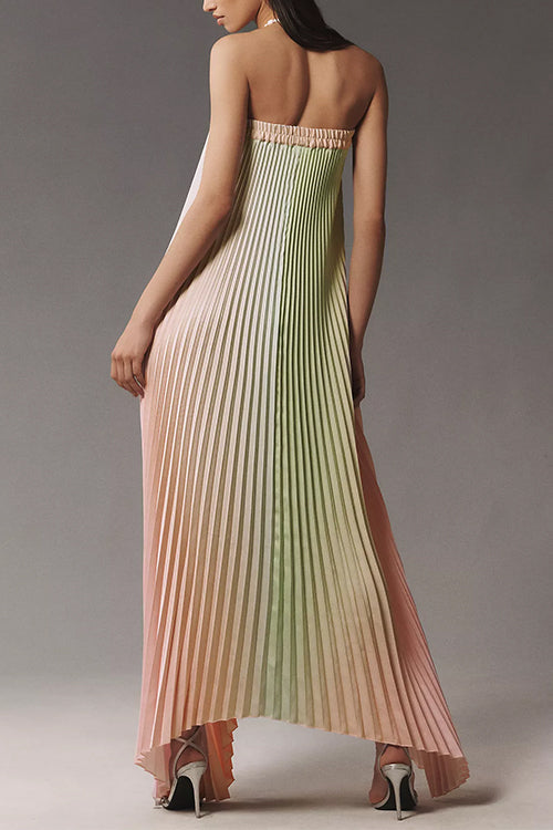 Strapless Color Block Gradient Pleated Maxi Dress