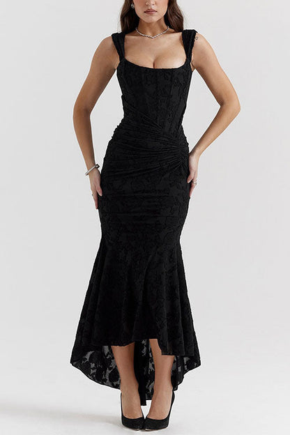 Moxidress Sleeveless Ruched Waist Ruffle Hem Jacquard Maxi Dress