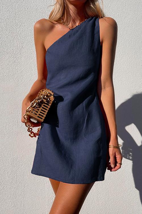 Moxidress One Shoulder Cotton Linen Mini Dress