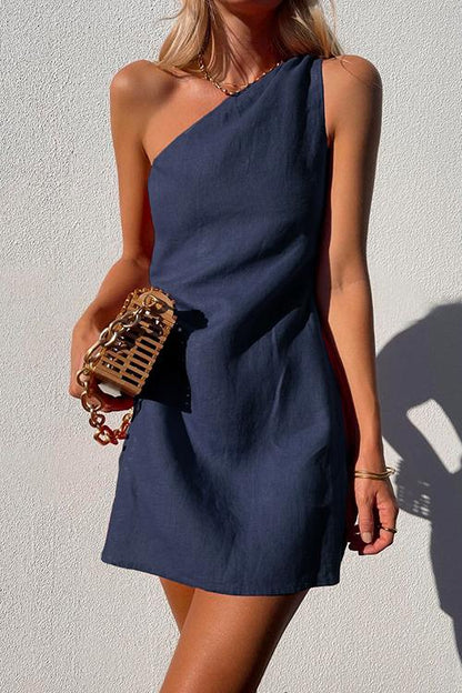 Moxidress One Shoulder Cotton Linen Mini Dress