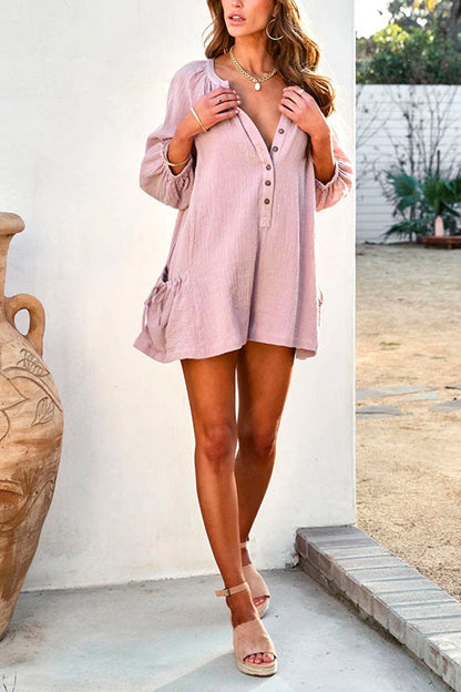 Button Down Shorts Romper With Pockets