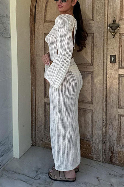 V Neck Long Sleeves Backless Crochet Hollow Out Knit Maxi Dress