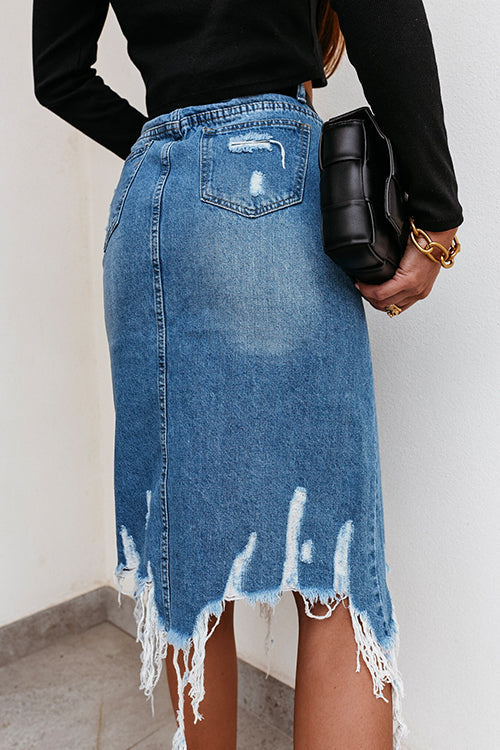Moxidress Irregular Frayed Hem Ribbed Denim Skirt