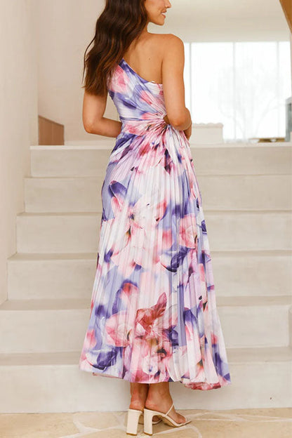 One Shoulder Sleeveless Cut Out Print Pleated Maxi Dress