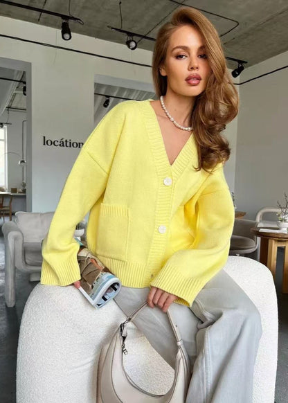 Bright Yellow Oversized Cardigan - ’s V-neck Knit Sweater
