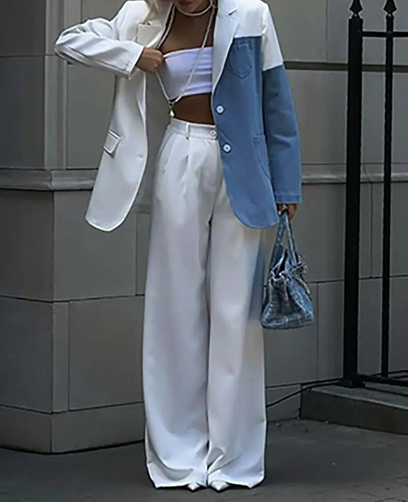White Denim Patchwork Trousers Office Two Piece Set