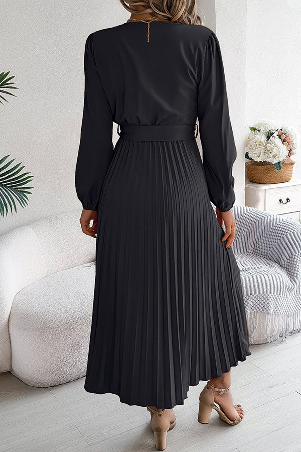 Color V-neck Buttoned Lace-up Pleated Maxi Dress