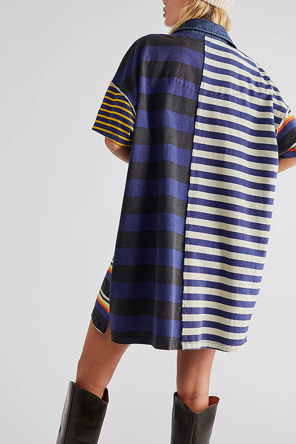 Contrast Striped Patchwork Denim Lapel Loose Mini Dress