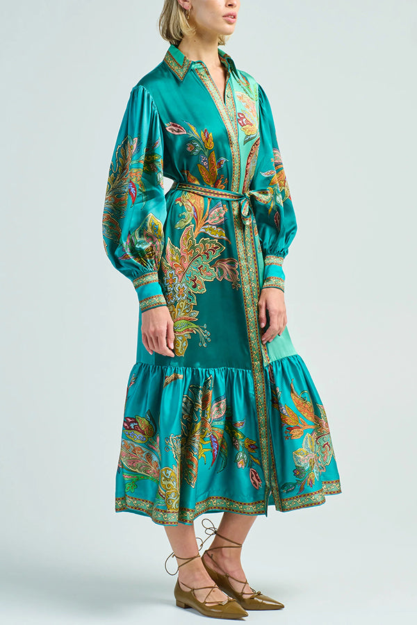 Resort Style Satin Unique Printed Lapel Lantern Sleeve Lace-up Midi Dress