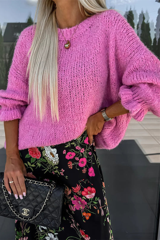 Color Round Neck Ruffled Long Sleeve Knitted Sweater