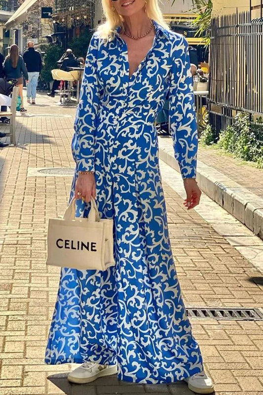 Print Lapel Button Pocket Long Sleeve Shirt Maxi Dress