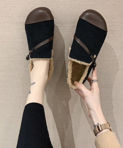 Modern Black Flat Shoes for Faux Leather Splicing Velour Fabric Flat Shoes
