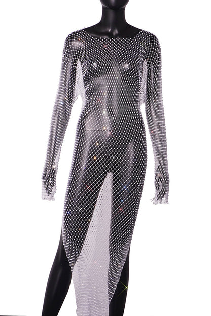 Best Layering Items Mesh Wide Neck Long Sleeve Slit Cover-up Maxi Dress