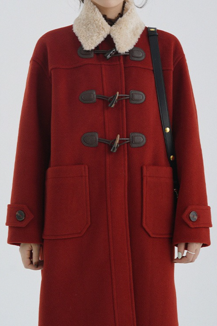 Horn Button Shearling Collar Red Overcoat