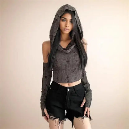 Hole Oversleeve Crop Top Aesthetic Black T-shirts Y2k Retro Hooded Tops Punk Tee Shirt Summer