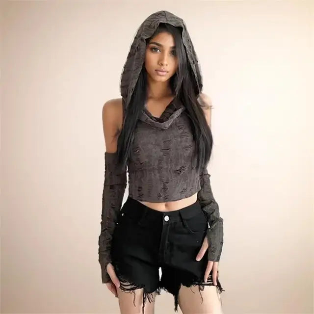Hole Oversleeve Crop Top Aesthetic Black T-shirts Y2k Retro Hooded Tops Punk Tee Shirt Summer
