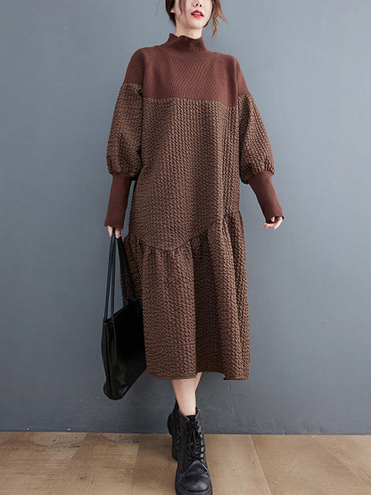 Long Sleeves Loose Split-joint Jacquard High-neck Sweater Dresses