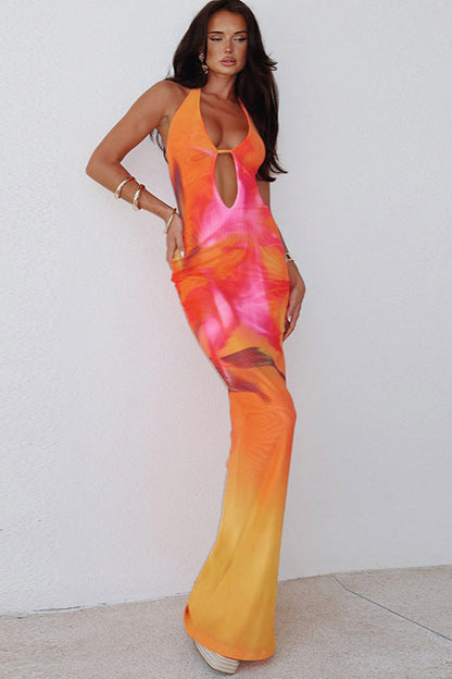 Hollow Out Print Halter Bodycon Maxi Dress