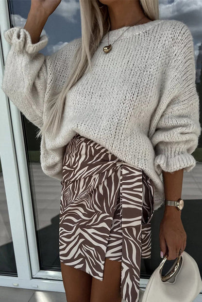 Color Round Neck Ruffled Long Sleeve Knitted Sweater