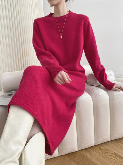 Urban Loose Long Sleeves Color Round-neck Sweater Dresses