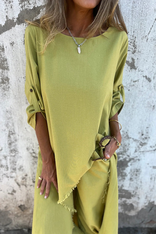 Jamilah Linen Blend Ring Detail Midi Blouse and Elastic Waist Pocketed Loose Pants Set