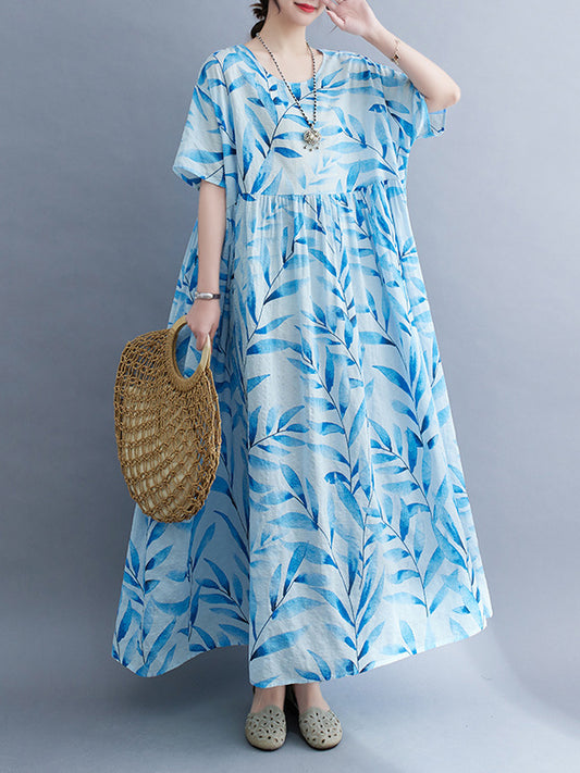 Loose Short Sleeves Leaf Pleated Printed Split-joint Round-neck Midi Dresses