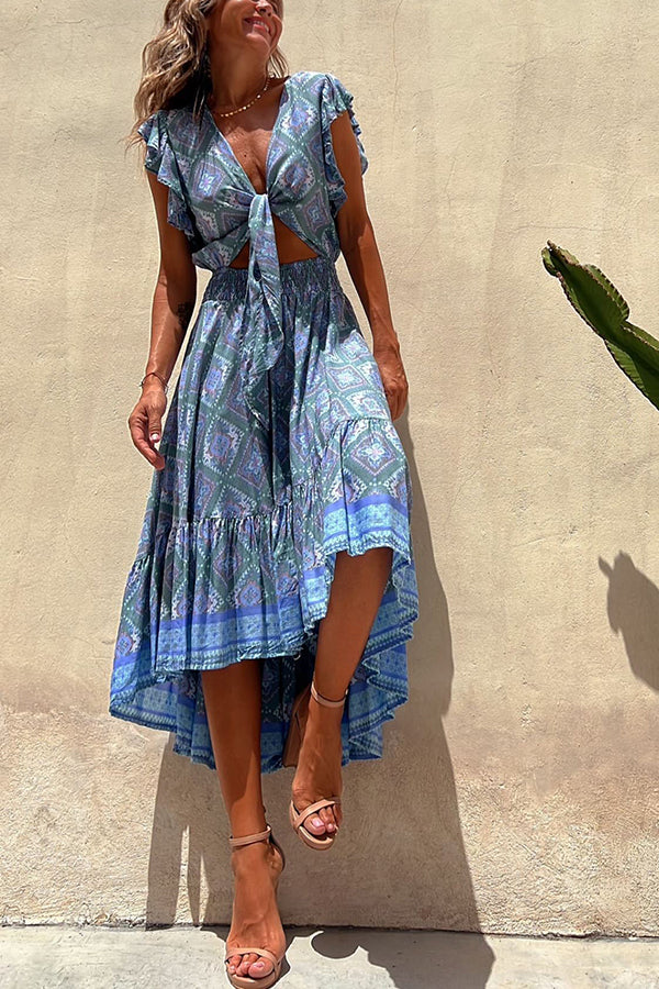 Libby Hippie Printed Tie Front Ruffle Sleeve Smocked Waist Midi Dress