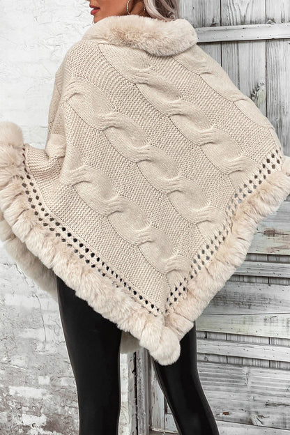 Cable Knit Fleece-collar Poncho Coat