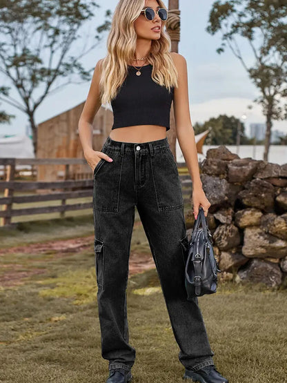 Washed Semi-elastic Denim Cargo Pants