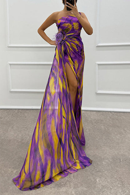 Moxidress Strapless Rose Detail High Slit Printed Chiffon Maxi Dress