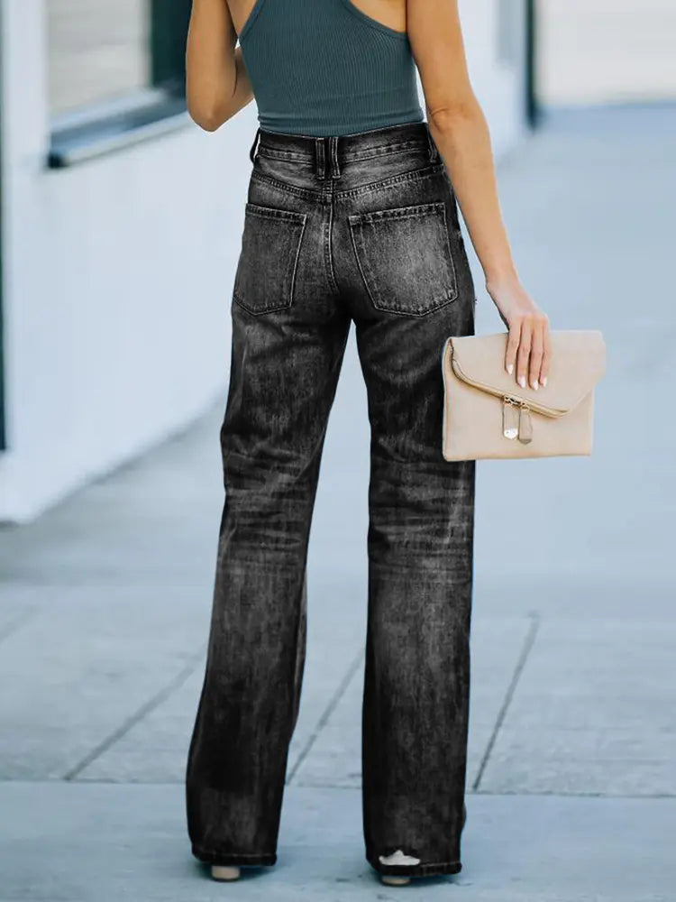 High-waist Ripped Wide-leg Denim Pants