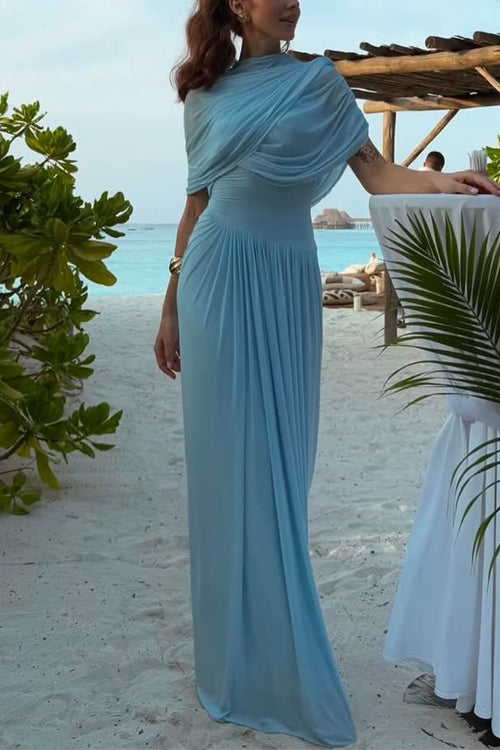 Shawl Collar Ruched Asymmetric Maxi Dress