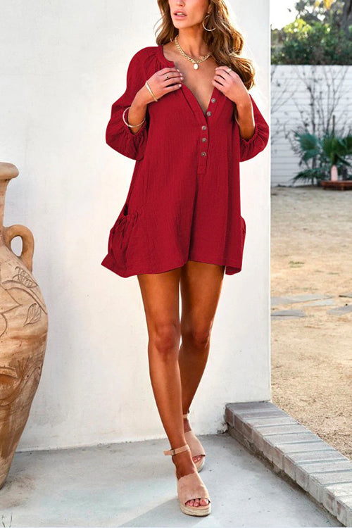 Button Down Shorts Romper With Pockets