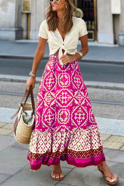 Bohemia Printed Elastic Waist Ruffle Maxi Swing Skirt