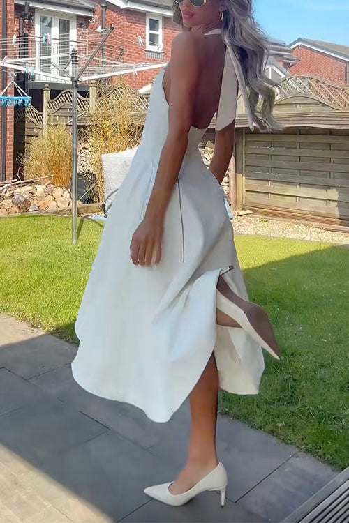 Moxidress Halter Neck Backless Hollow Out Swing Midi Dress