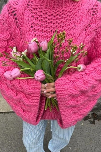 Moxidress Round Neck Oversized Cable Knit Sweater