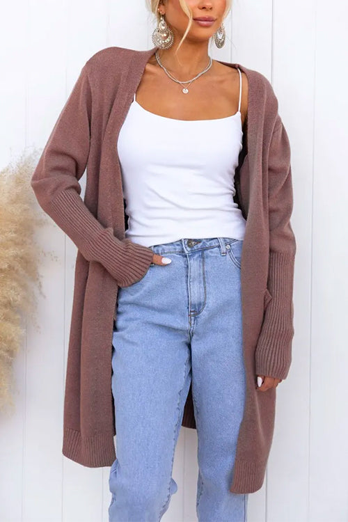 Open Front Pockets Knitting Midi Cardigan