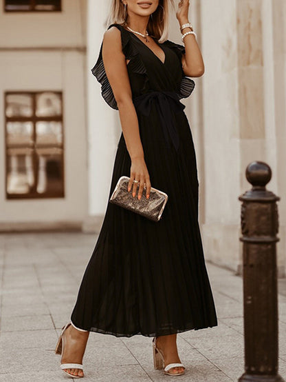 Loose Sleeveless Pleated Color Split-joint Tied Waist V-neck Maxi Dresses