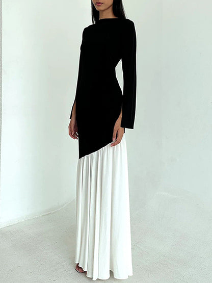 Bodycon High Waisted Contrast Color Pleated Split-joint Round-neck Maxi Dresses