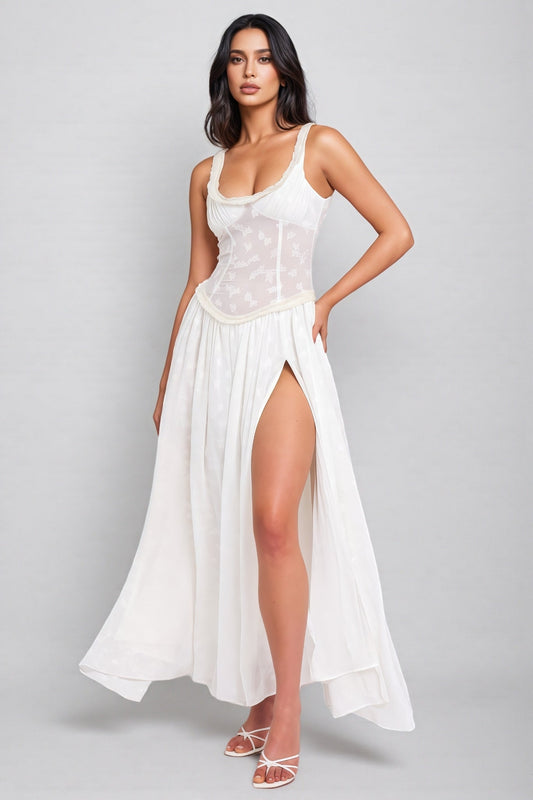 Zaire White Square Neck High Slit Maxi Dress
