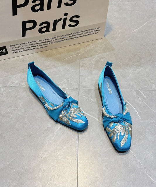 Blue Splicing Satin Embroidered Flat Feet Shoes
