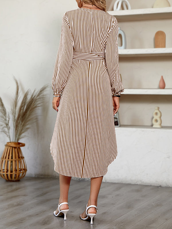 A-line Long Sleeves Striped Tied Waist V-neck Midi Dresses Shirt Dress