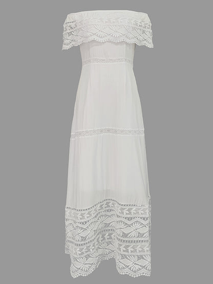 High Waisted Short Sleeves Hollow Color Split-joint Off-the-shoulder Maxi Dresses
