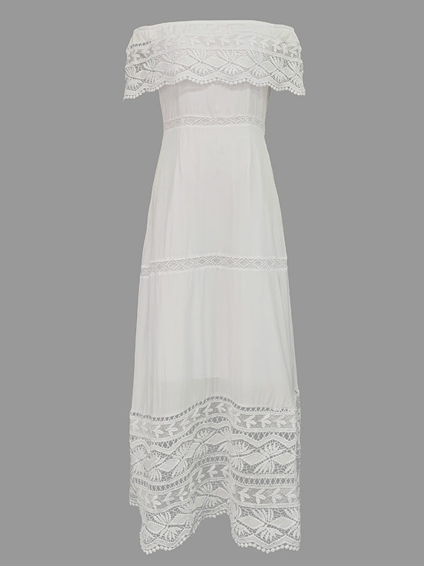 High Waisted Short Sleeves Hollow Color Split-joint Off-the-shoulder Maxi Dresses