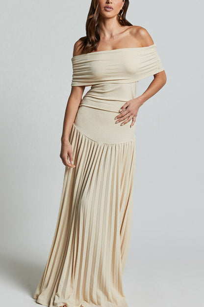 Off-shoulder Slim Fit Pleated Maxi Dress