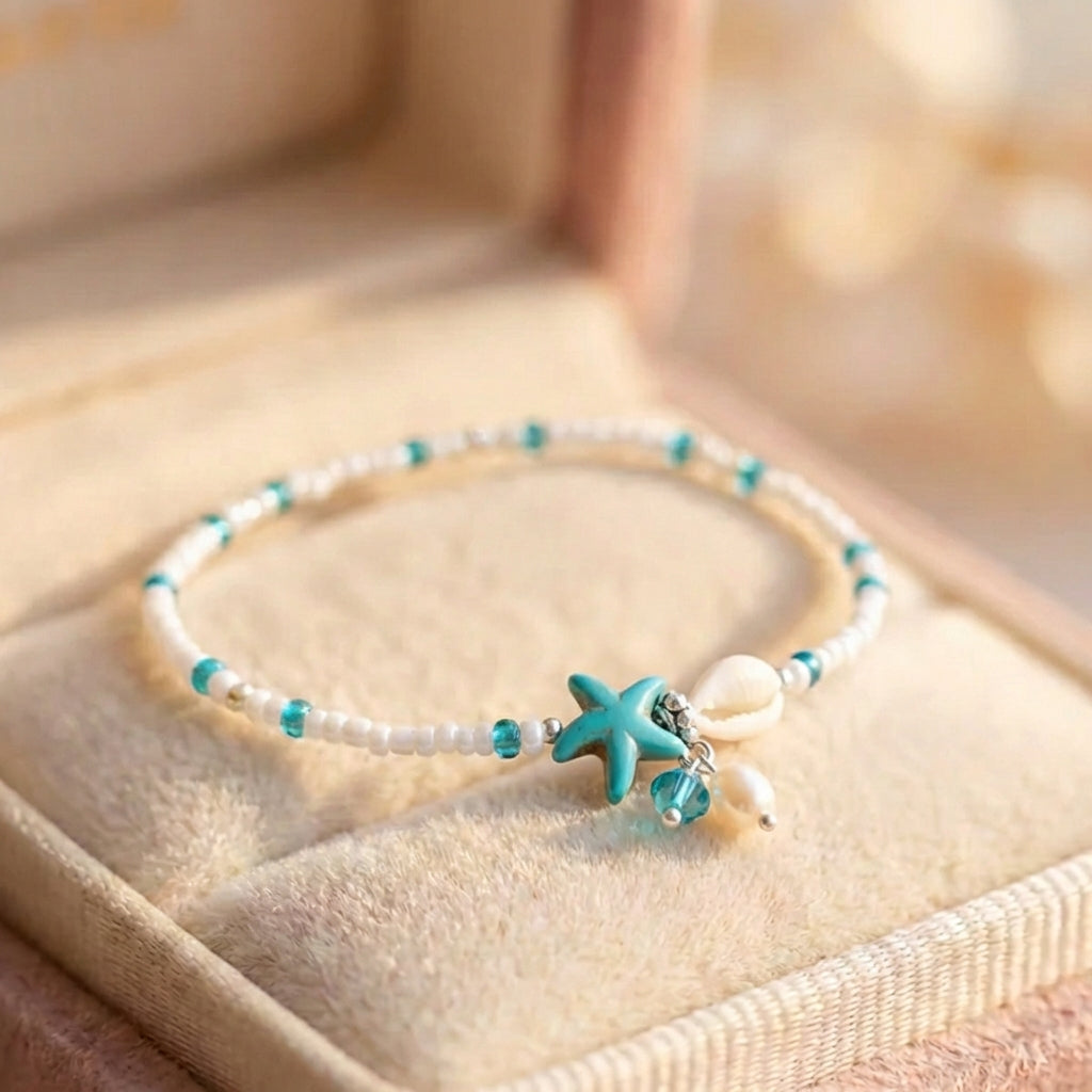 Star And Shell Anklet Bracelet With Natural Stones